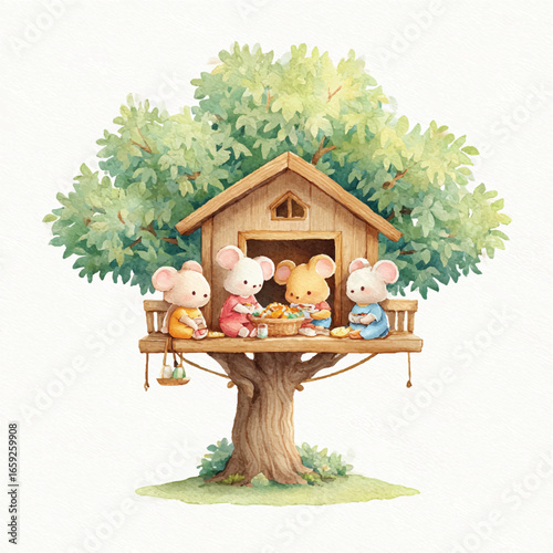 Watercolor Mice Picnic in a Treehouse with Hanging Basket and Lush Green Canopy
