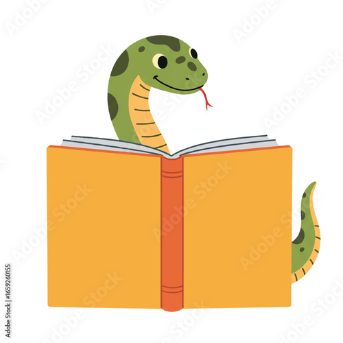 A curious whimsical cartoon snake peers over a large, brightly colored open storybook, a clean 2D flat vector illustration symbolizing discovery and learning.