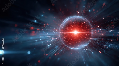 Futuristic Red Sphere Surrounded by Dynamic Light Trails and Sparks