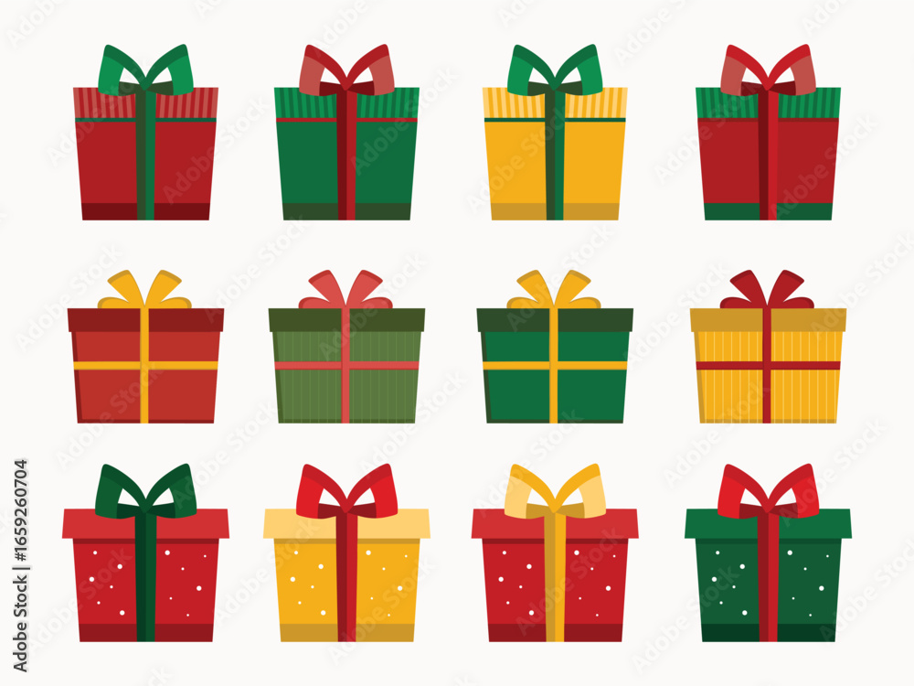 Fototapeta premium Colorful gift boxes set for Christmas and birthday party. Collection of presents with ribbon bow on white background. Holiday presents. Vector cartoon illustration