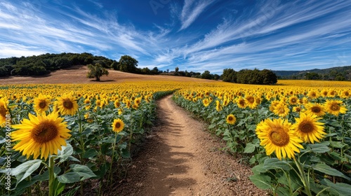 sunflower field stretching toward the horizon, with a narrow dirt path winding through the tall, golden blooms