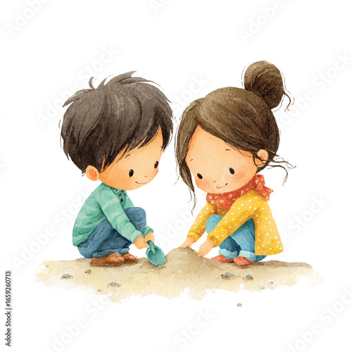 Watercolor Illustration of Two Children Playing Together in Sand