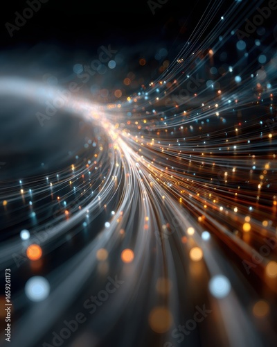 Abstract Light Trails with Glowing Particles in Dark Background