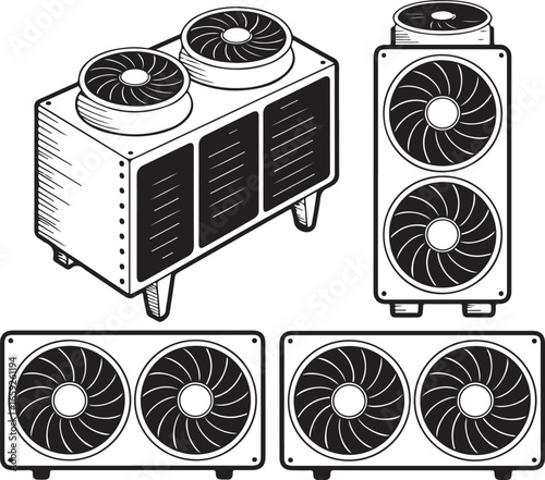 HVAC System Vector Set Black and White Line Art on Clear Background