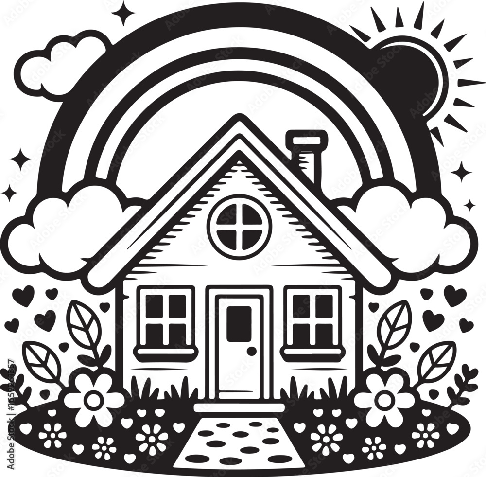 Obraz premium Cute House Vector Illustration Black and White Line Art on Clear Field