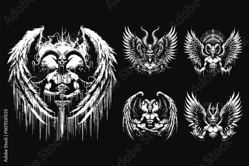 Set Bundle Hand Drawn Gold Fish Aquatic Black White Vintage Dark Art for Tattoo and Clothing illustration