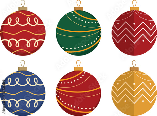Vector set of Christmas tree ornaments. Colorful Christmas balls decoration. Christmas bauble flat illustration