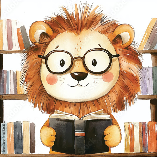 Watercolor Lion with Glasses Reading a Book in Front of a Bookshelf