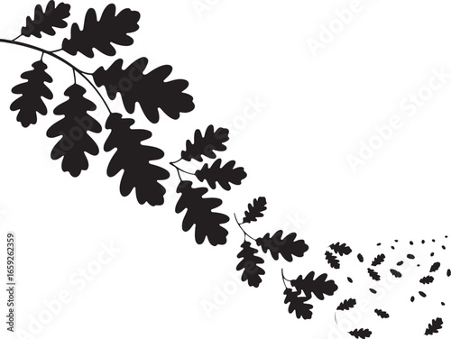A black and white silhouette illustration of an oak branch with falling leaves. The design shows a branch on the upper left with a trail of leaves swirling and dissipating into the distance.