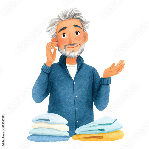 Watercolor Man with Gray Hair Gesturing Near Folded Laundry
