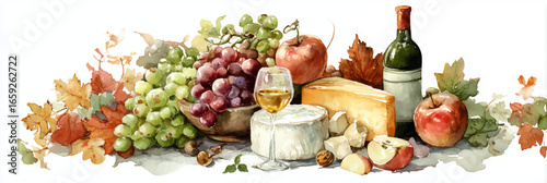 Vector illustration of wine and cheese. Autumn harvest watercolor clipart, on white background. Banner	