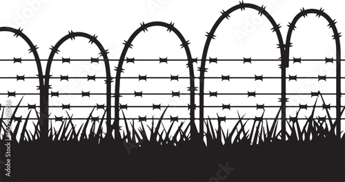 a stark silhouette illustration depicting a barbed wire fence. The fence spans across the frame, situated above a patch of shadowy grass.