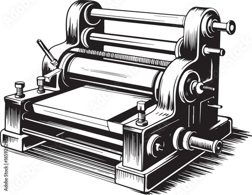 vintage illustration of a hand-press or a printing machine. The design has a classic, engraved look, reminiscent of old-fashioned printmaking tools.