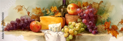 Vector illustration of wine and cheese. Autumn harvest watercolor clipart, on white background. Banner