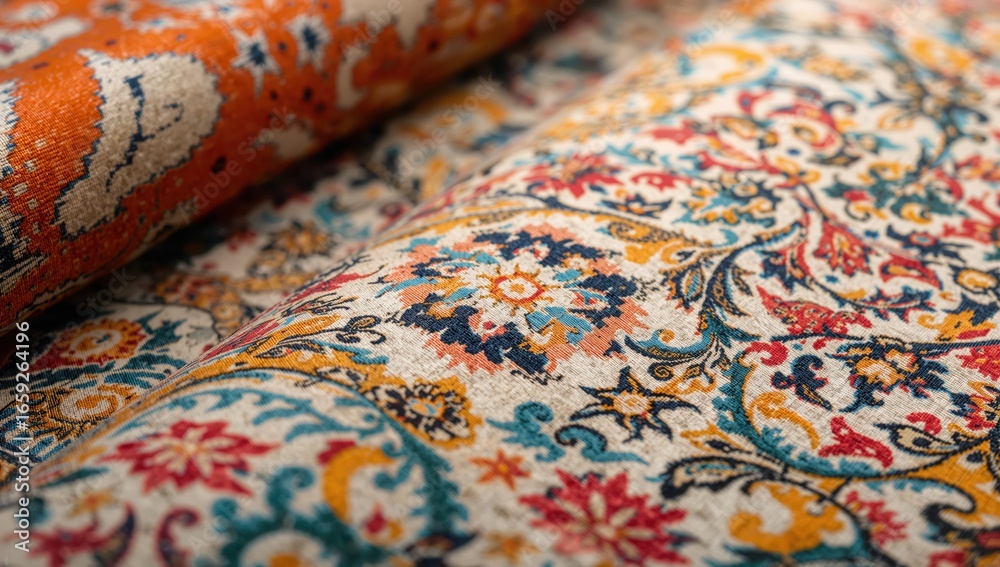 Fototapeta premium Detailed close up of the colorful woven Persian carpet showing intricate floral motifs and geometric patterns within warm tones, captured indoors featuring soft natural lighting