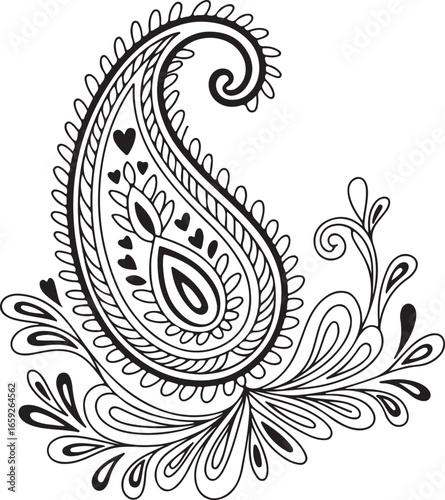 A whimsical black and white line art illustration of a paisley motif. The intricate design features a large, ornate teardrop shape filled with smaller patterns, swirls, and decorative heart symbols.