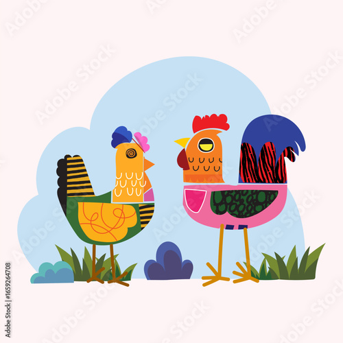 Cute cartoon chickens abstract geometric vector illustration. Children style chickens character on farmyard.