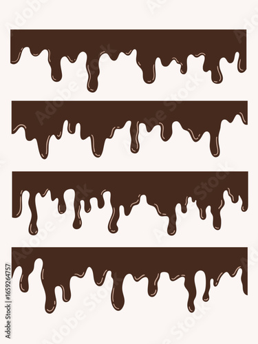 Vector set illustration of melted liquid chocolate, decorative shapes liquids. Stain shape collection, splashes drops, cartoon flat spatters. brown liquid graphic