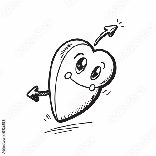 Joyful cartoon heart character with arrows pointing forward and backward, conveying progress and movement with a happy, energetic vibe perfect for expressing positive emotions and growth