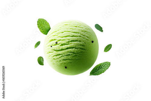 Fresh Green Ice Cream Scoop with Mint Leaves on Transparent Background