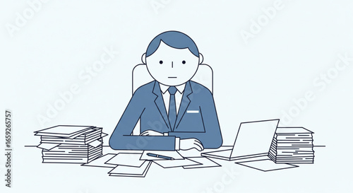 A frustrated businessman sits at his desk surrounded by paperwork, looking stressed.