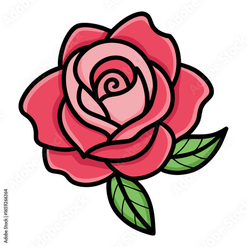 Elegant pink rose blossom with green leaves, perfect for romantic designs, wedding invitations, and floral arrangements, bringing beauty and love