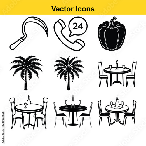 Collection of nine black and white vector icons including sickle phone bell pepper palm trees and dining tables Keywords: sickle phone call 24 hours