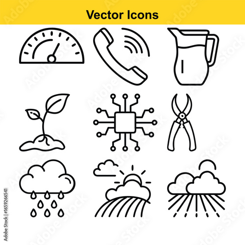 Collection of nine simple black line art vector icons on a white background graphic