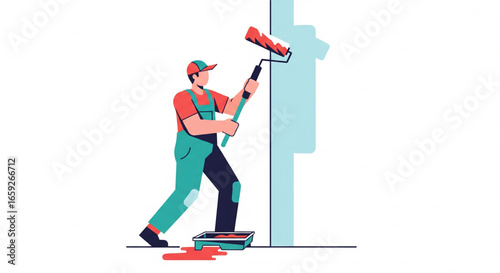 A worker in overalls is painting a wall with a paint roller.