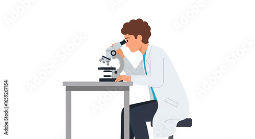 Man in lab coat using a microscope while seated at a table in a laboratory setting.