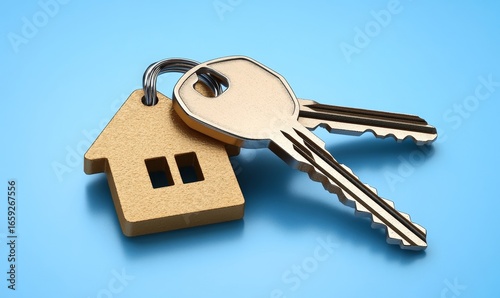 Keys to a new home with a home-shaped keyring, symbolizing mortgage, investment, and property ownership. This image highlights the concept of homeownership with copy space, Generative AI