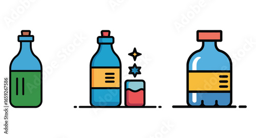 A blue bottle with a green liquid in it set
