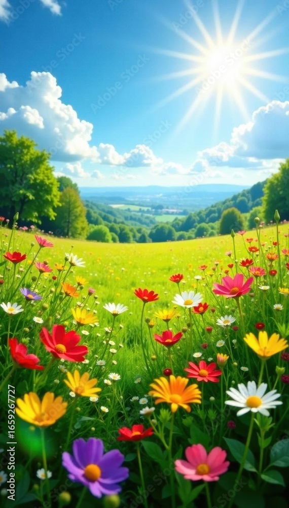 Obraz premium Sun-drenched meadow, vibrant wildflowers bloom , blossoms, butterfly, rural