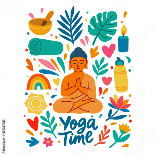 Yoga Time Poster with Flat Vector Buddha 