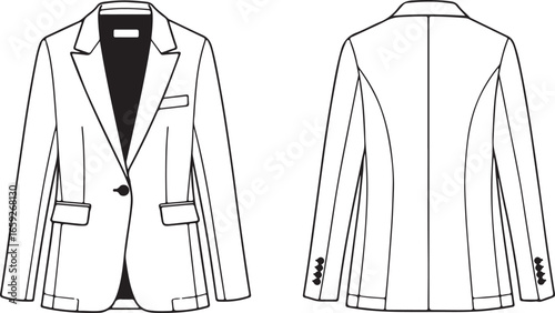Front and back view of a black and white line drawing of a women's blazer with a dark interior and buttons