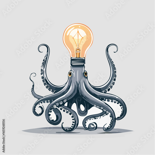Minimalistic vector of a desk lamp transforming into a squid, tentacle-like arms and glowing bulb eye, clean white background, bold lines, flat fill