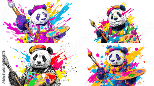Colorful panda artist illustration with paintbrush and palette in vibrant splashes. Modern pop art concept ideal for posters, streetwear design, or creative graphic projects.