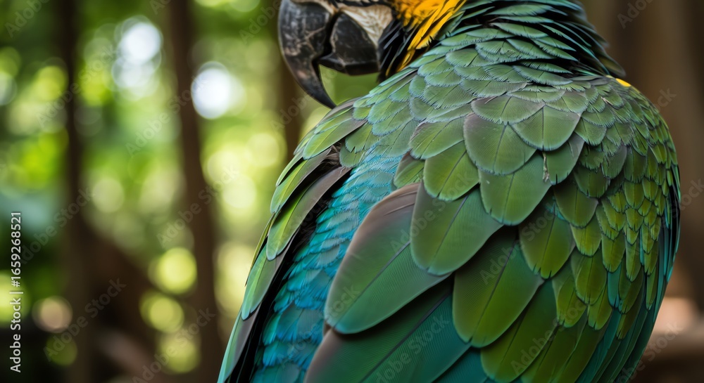 Fototapeta premium Green macaw parrot close up view