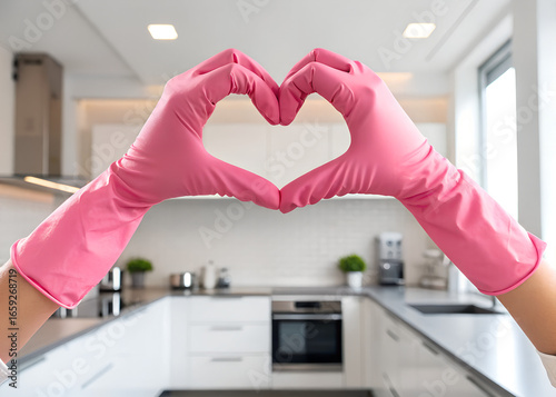 Hands In Pink Gloves Forming Heart Shape In A Modern Kitchen With Bright Lighting
