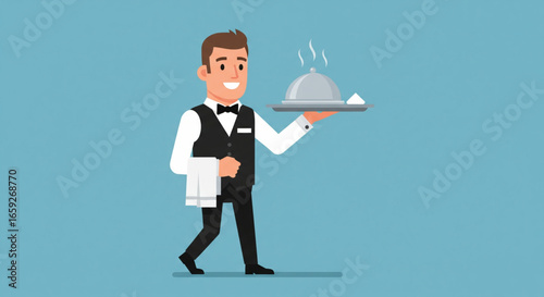 Smiling waiter carrying a covered dish on a tray, walking towards the viewer.