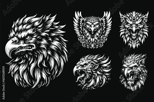 Set Bundle Hand Drawn Gold Fish Aquatic Black White Vintage Dark Art for Tattoo and Clothing illustration