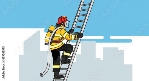 Firefighter bravely ascends a ladder towards a city skyline, battling a potential emergency.