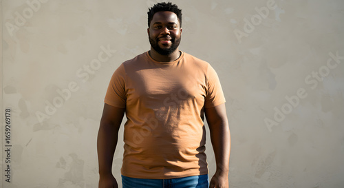 Fat black man in a tan t-shirt standing outdoors