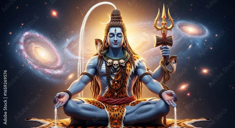 Fototapeta premium Lord Shiva meditating in cosmic space, holding a trident, with galaxies in the background.