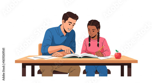Tutoring session: A male teacher guides a young female student during a focused study session at a desk.