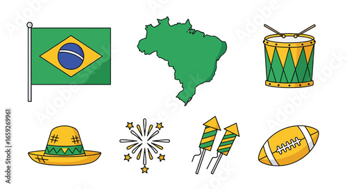Brazilian Icons: Flag, Map, Drum, Hat, Fireworks, Football