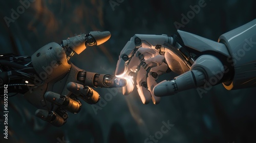 Photo of a human and robot hands touching fingers with a light flash in a dark background
