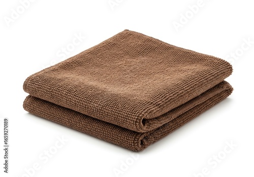 Folded brown microfiber cleaning towels on white background