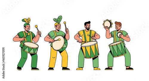 Brazilian Samba Drummers in Festive Carnival Costumes