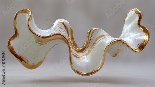 Abstract sculpture with flowing curves and golden accents, set against a neutral background